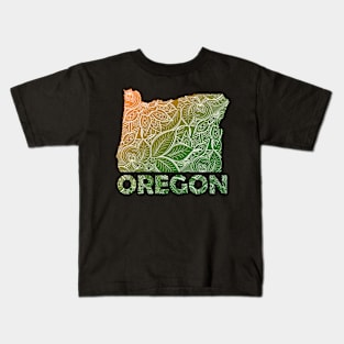 Colorful mandala art map of Oregon with text in green and orange Kids T-Shirt